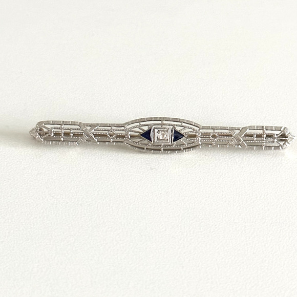 Antique 14K Solid White Gold Sapphire & Diamond Intricate Detail Bar Brooch Pin - Picture 3 of 12